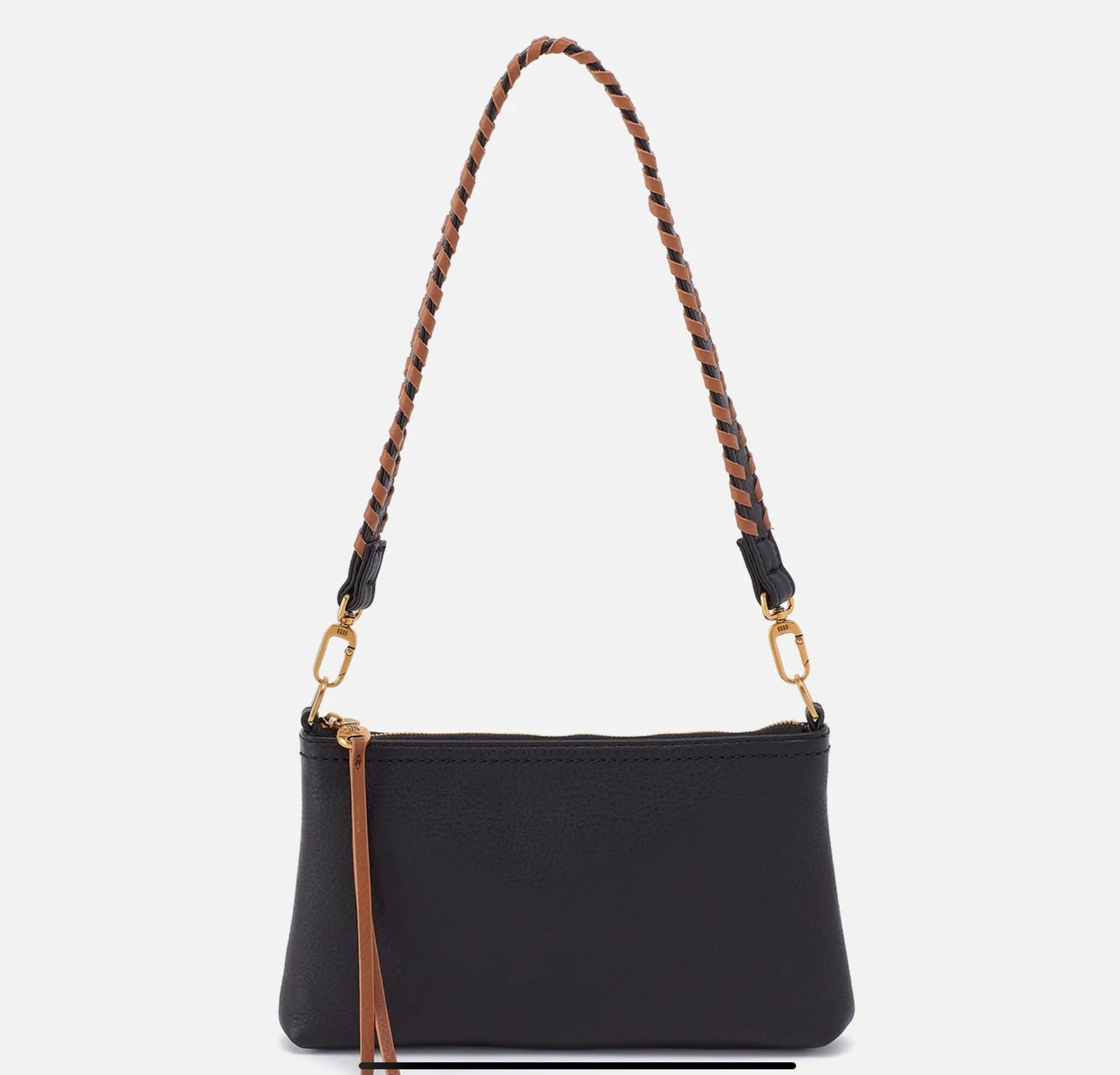 Black handbag with a braided strap on a white background