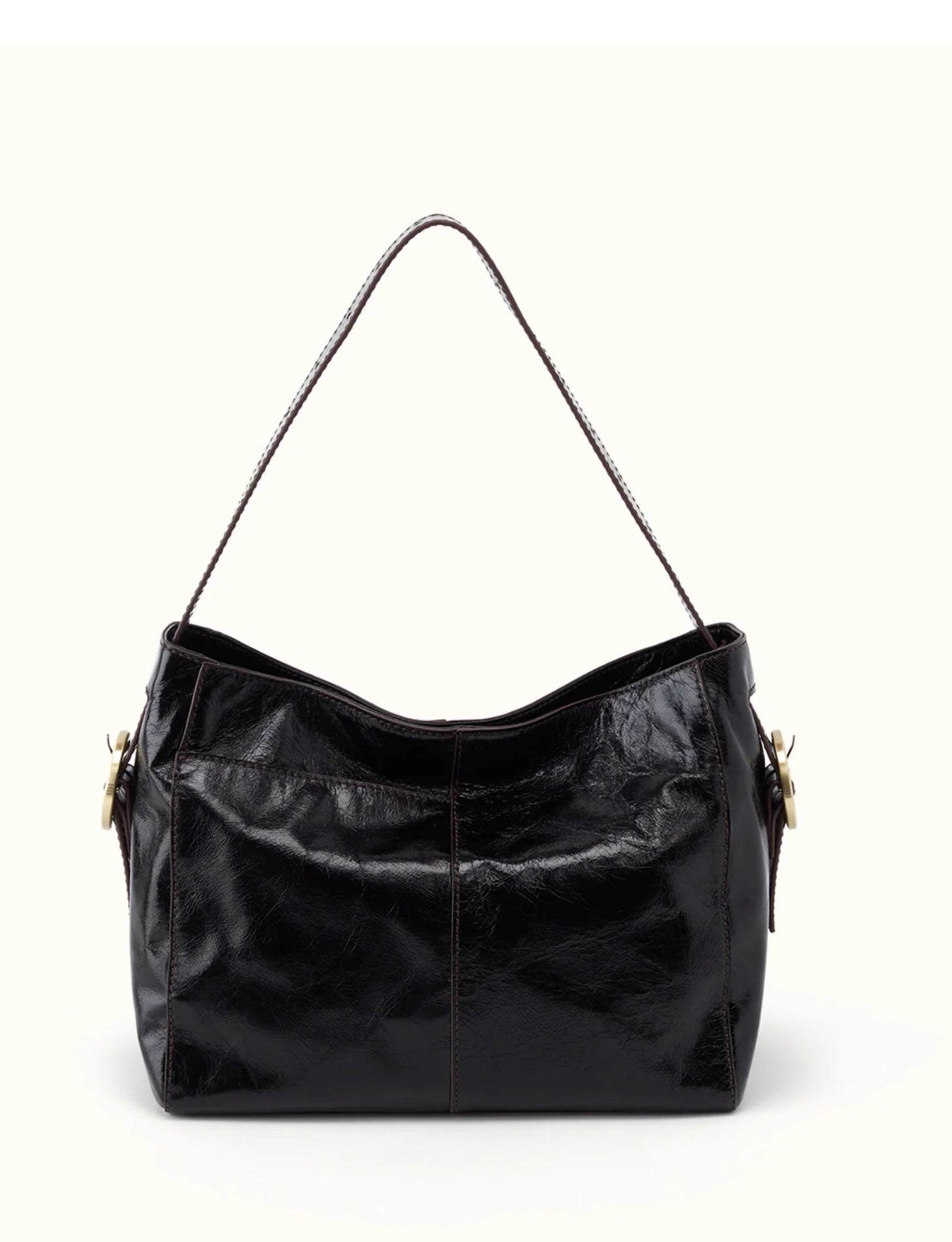 A black glossy leather hobo shoulder bag with gold-tone hardware and a thin black strap, shown against a plain off-white background.