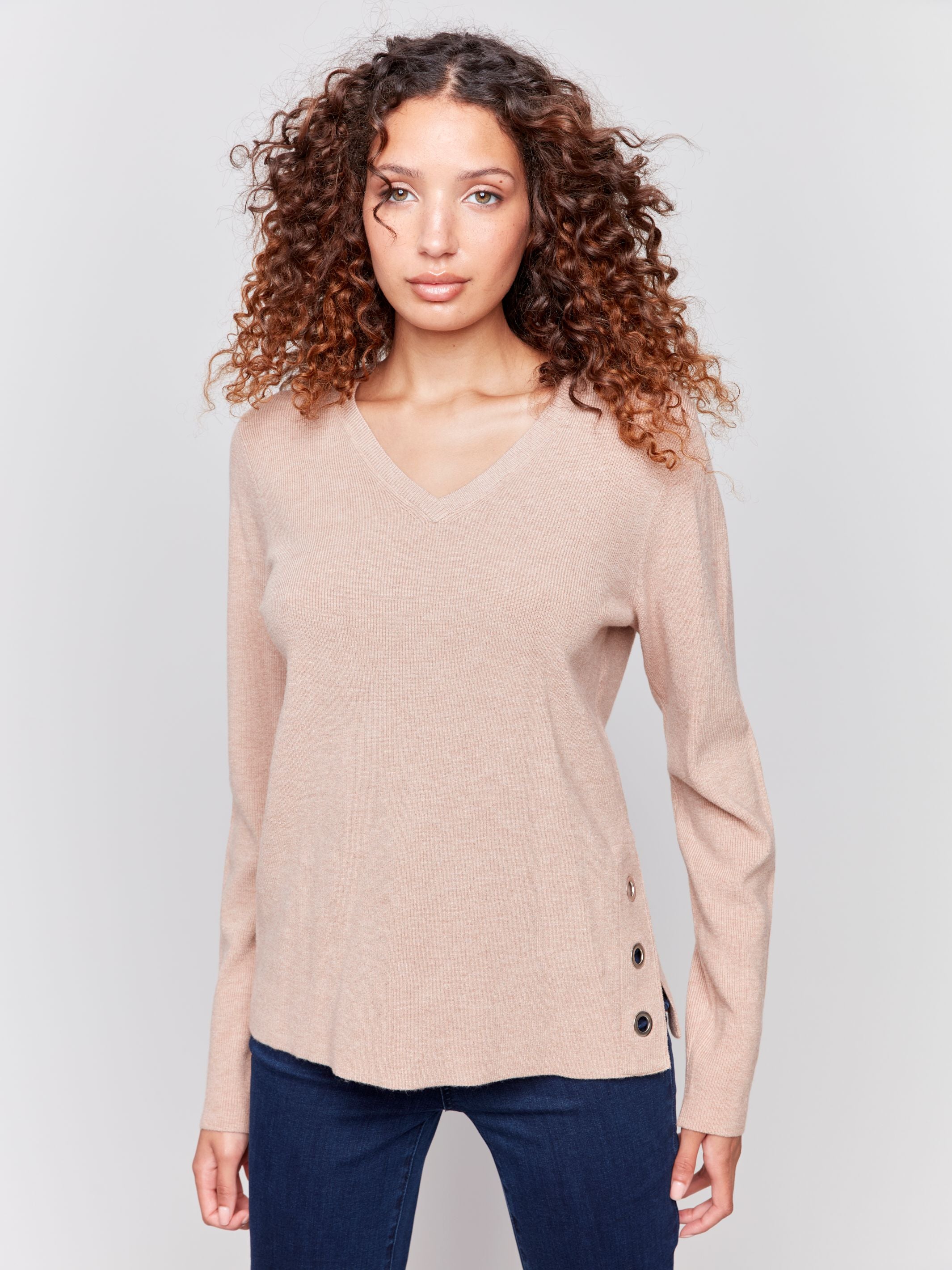 V-Neck Sweater with Eyelet Detail