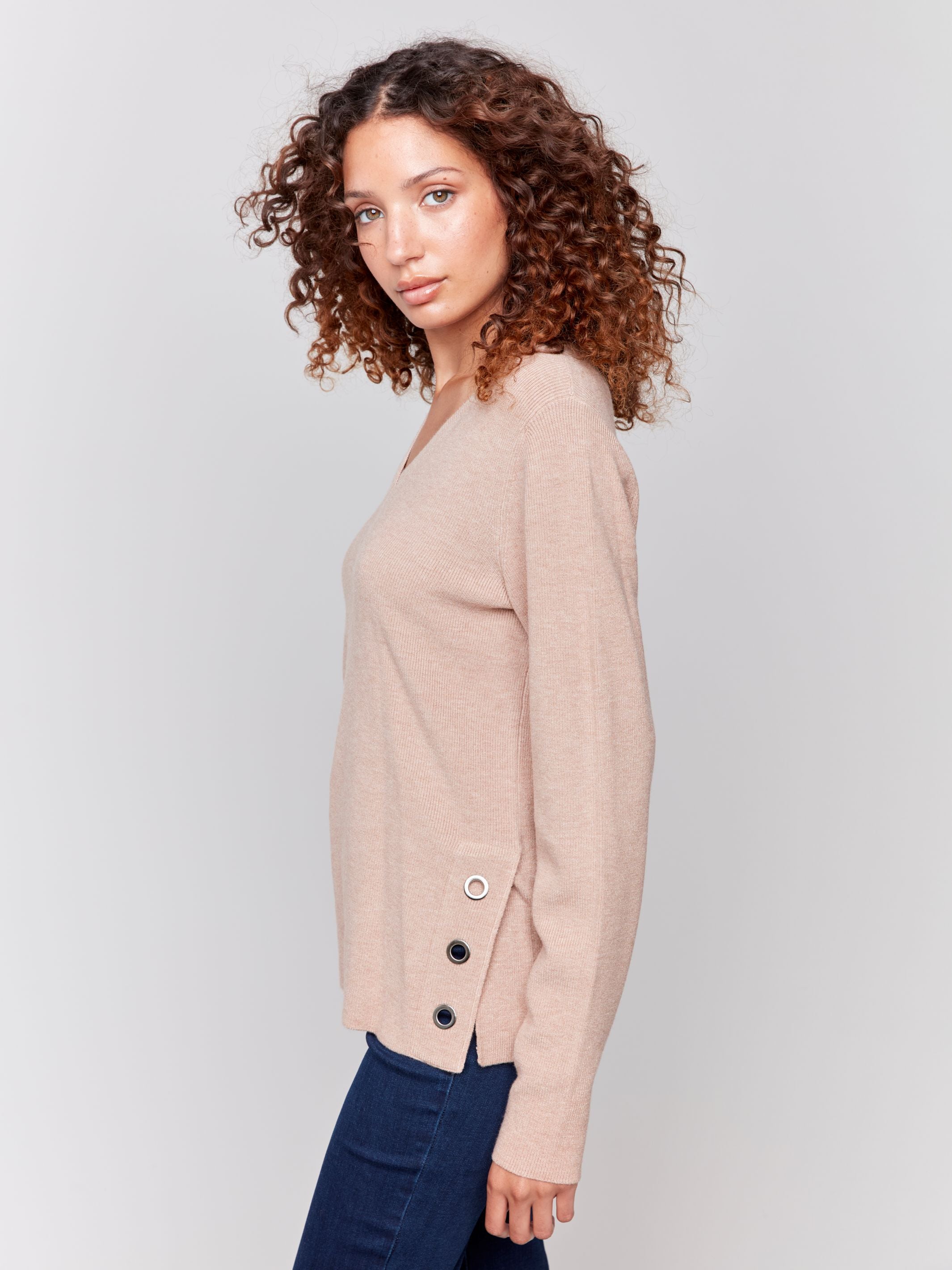 V-Neck Sweater with Eyelet Detail