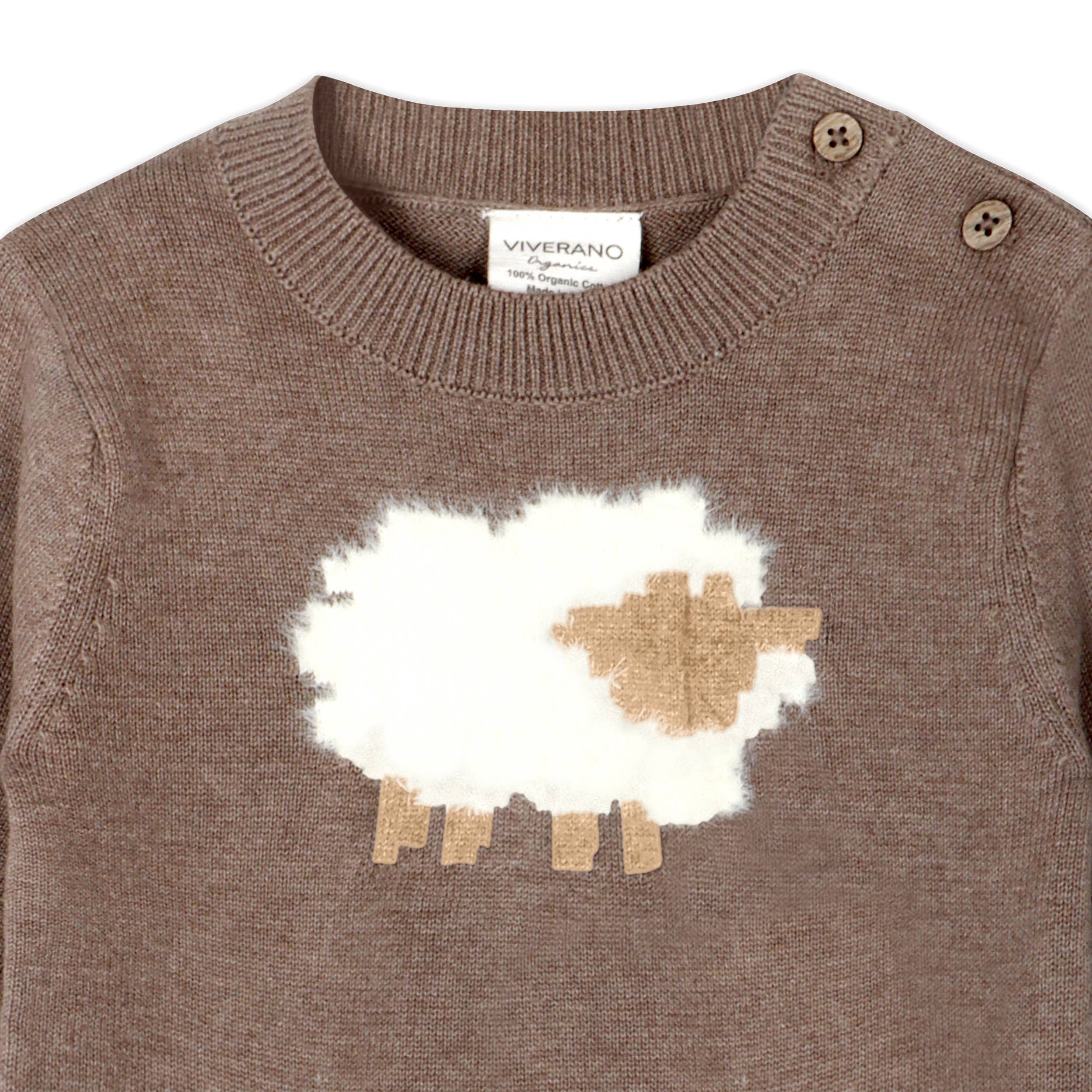 Brown knitted sweater with a sheep design on a white background