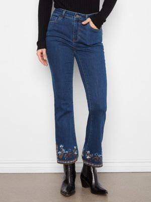 Charlie B Women's Flare Denim Pants With Slits And Embroidery At Hem - OLIVIA'S