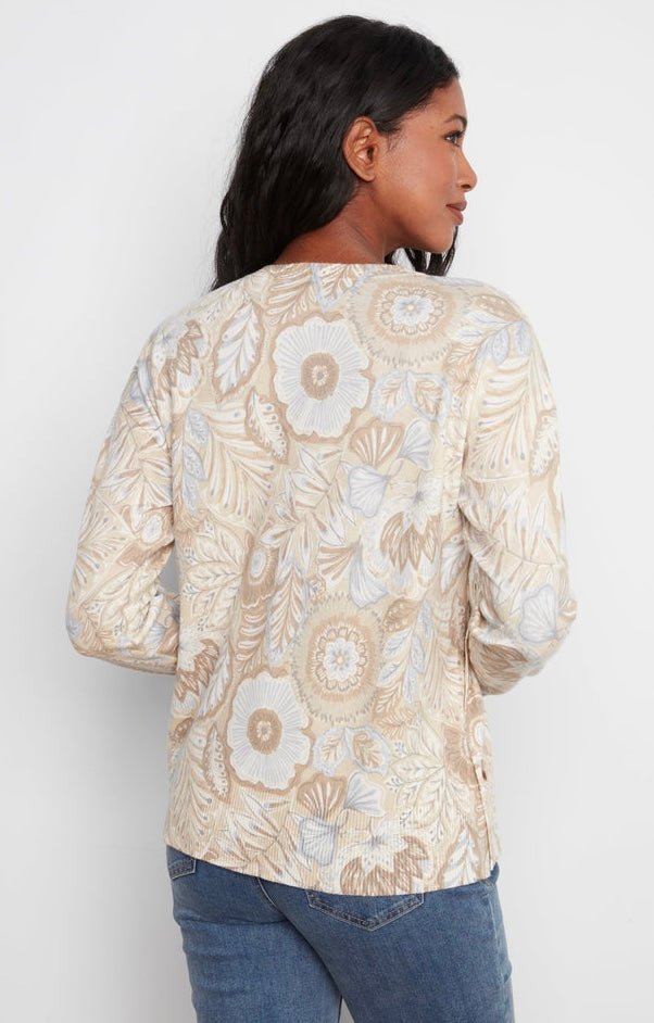 Charlie B Women's Long Sleeve Drop Shoulder Crew Neck Printed Sweater with Side Button - OLIVIA'S
