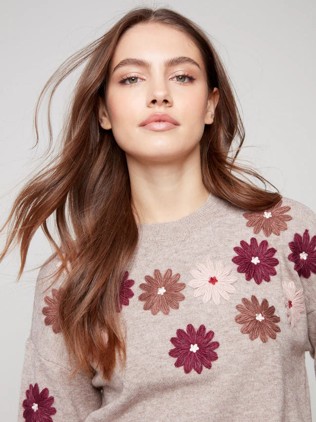 CHARLIE B WOMEN Floral Embroidery Crew Neck Sweater  C2891-974A