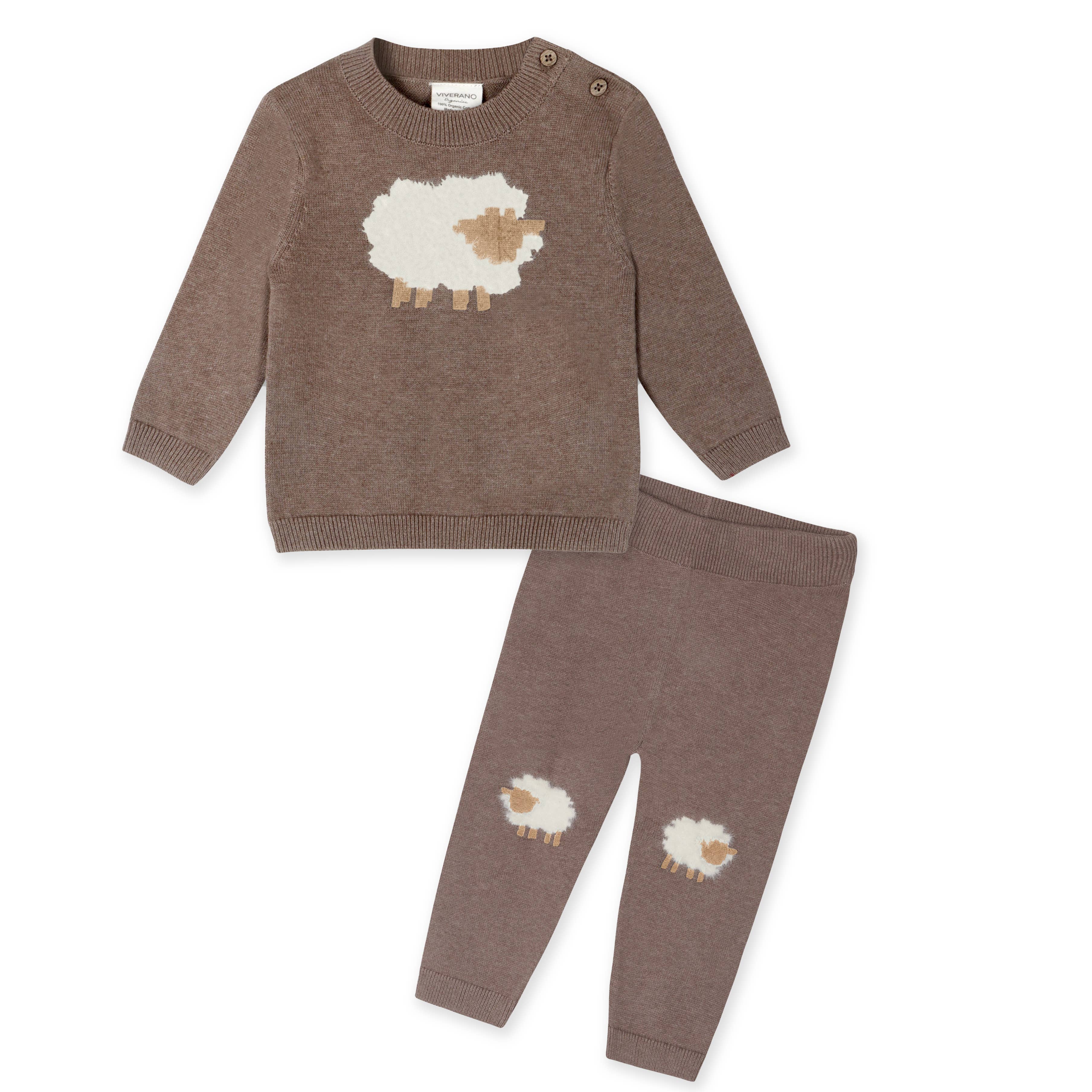 Brown sweater and pants set with sheep design on a white background