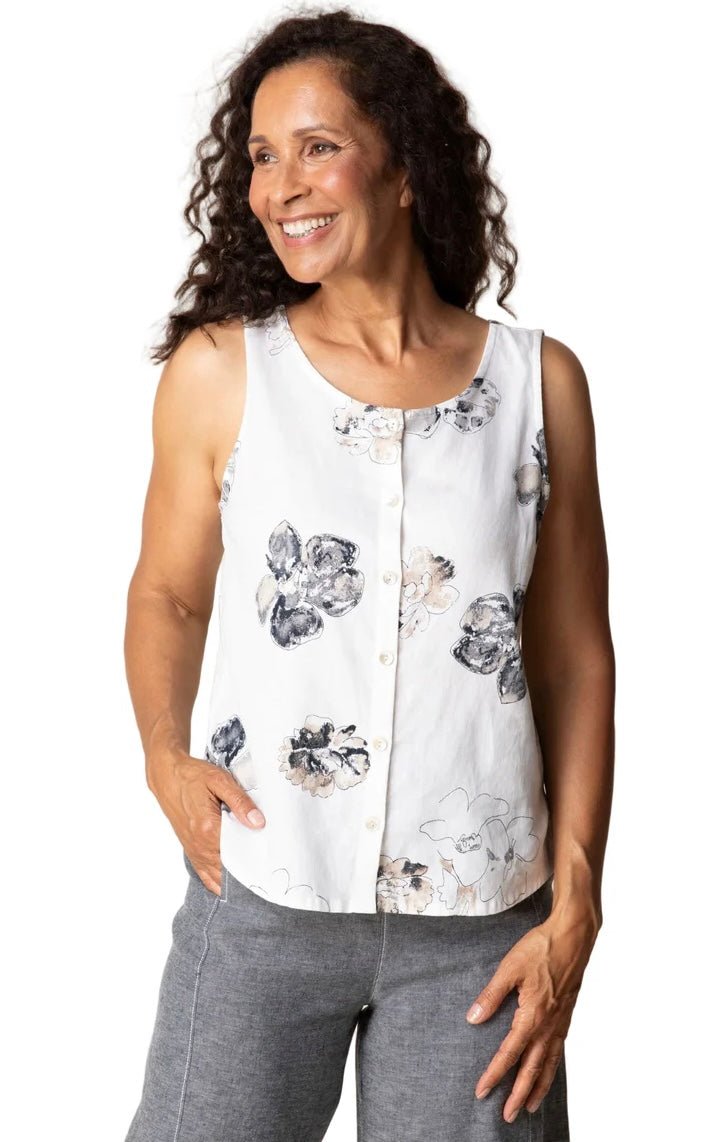 Habitat Women's Linen Floral Print Pleat Back Button Tank - OLIVIA'S