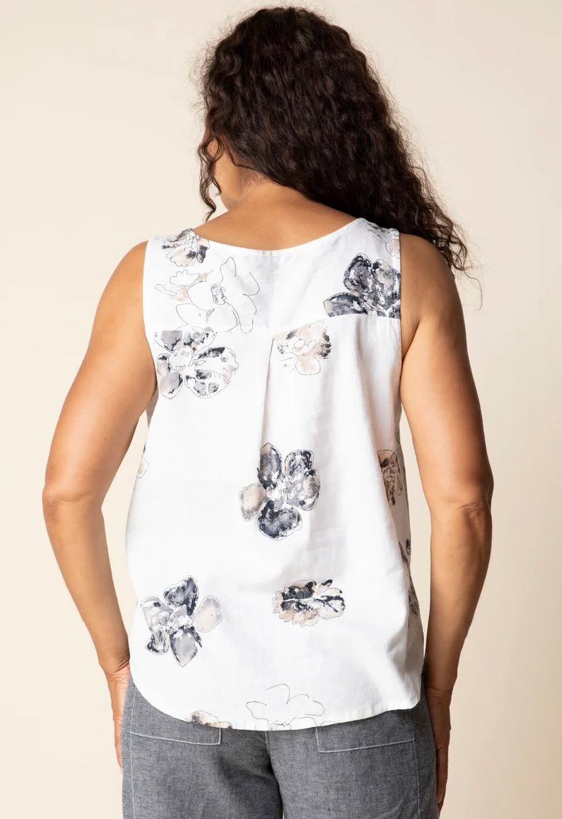 Habitat Women's Linen Floral Print Pleat Back Button Tank - OLIVIA'S