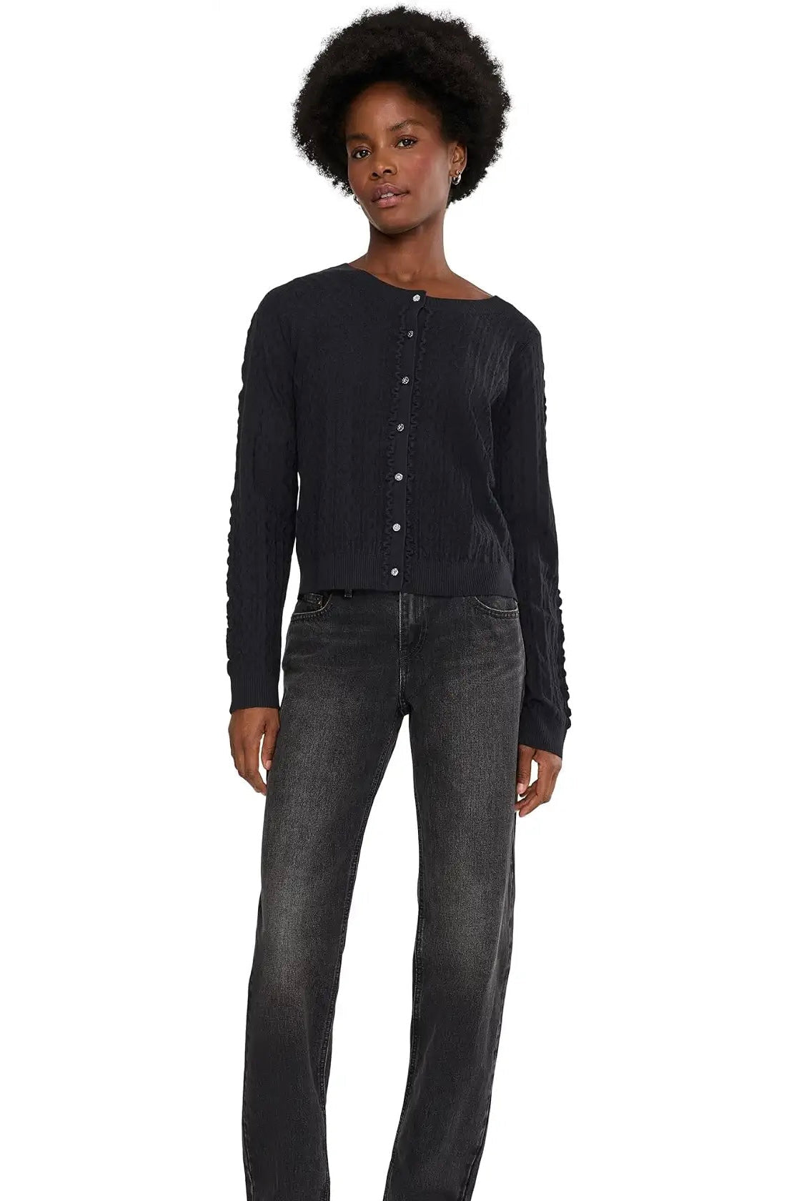 Liverpool Women's Long Sleeve Button Front Cardigan Sweater with Ruffles - OLIVIA'S