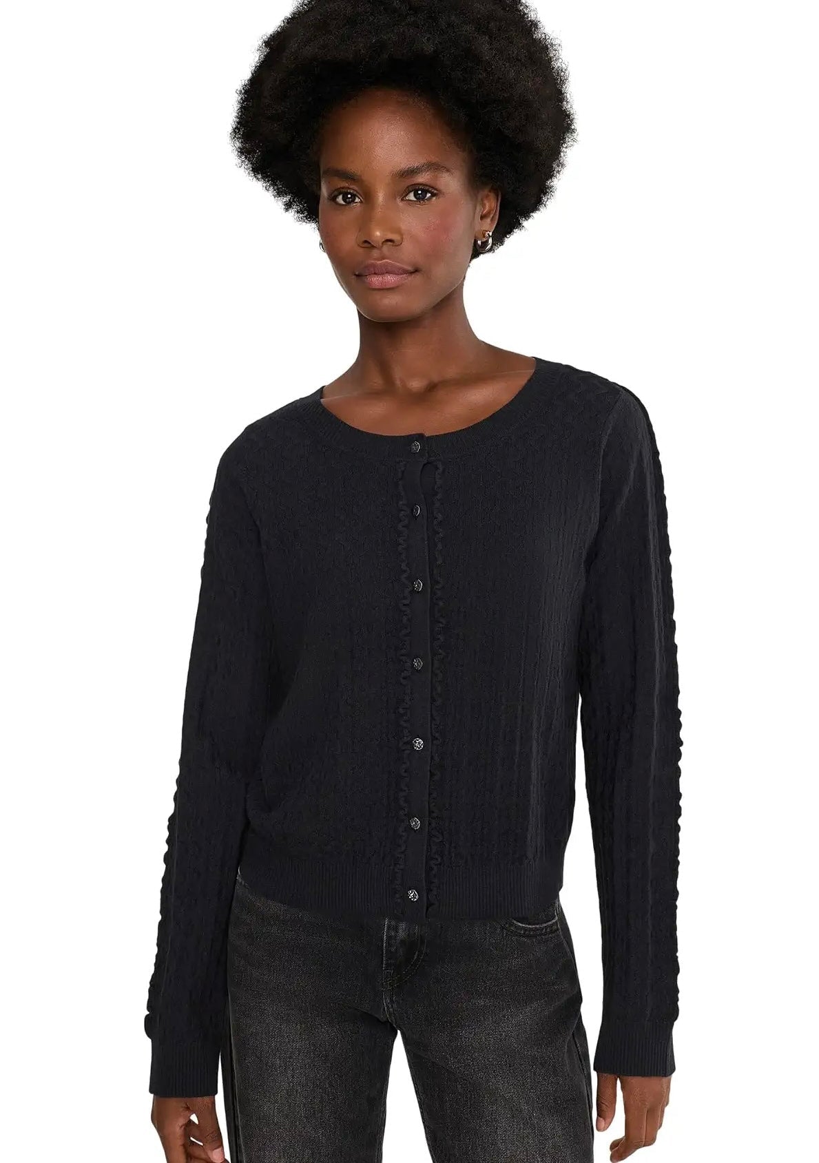 Liverpool Women's Long Sleeve Button Front Cardigan Sweater with Ruffles - OLIVIA'S