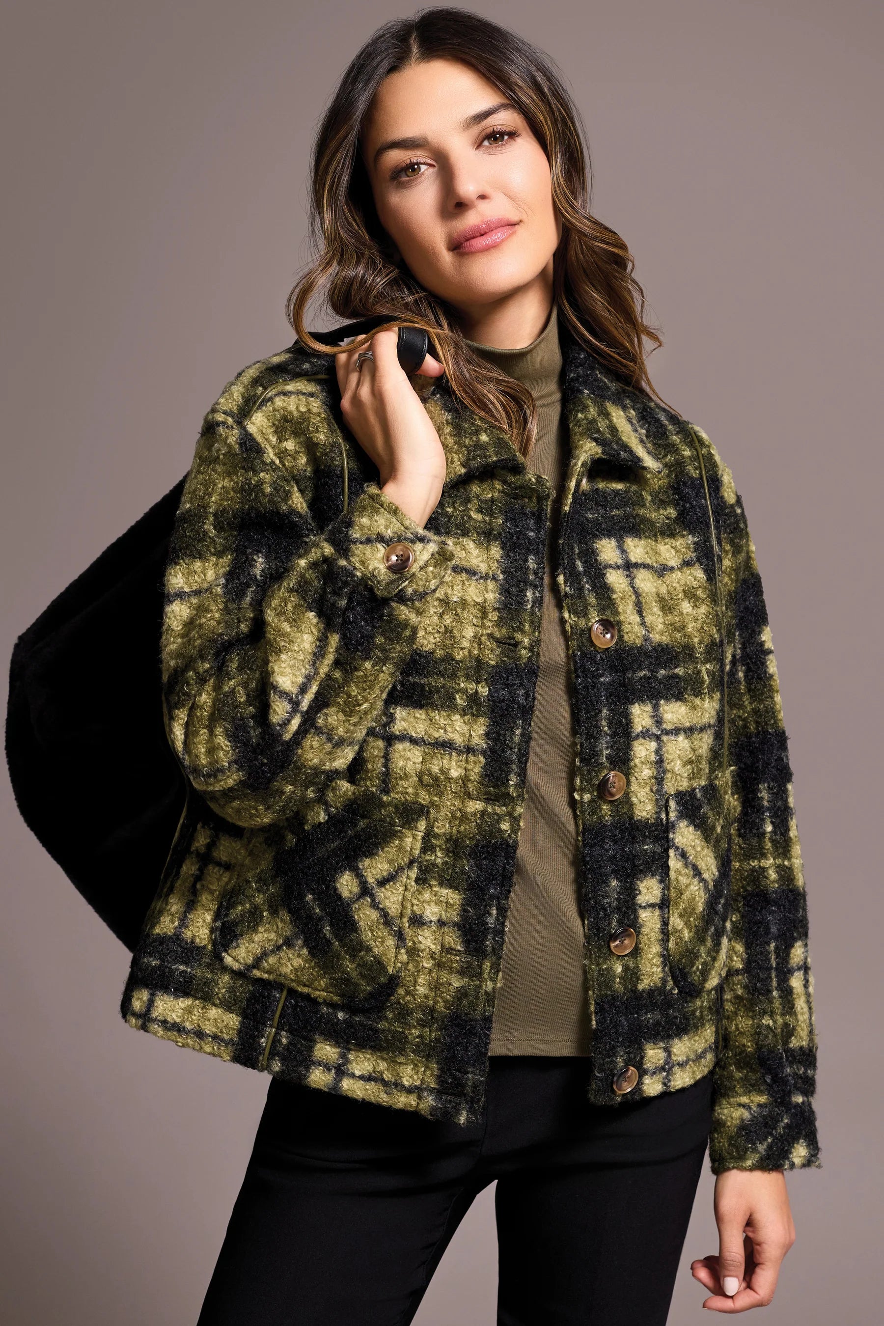 Textured Plaid Button-Front Jacket