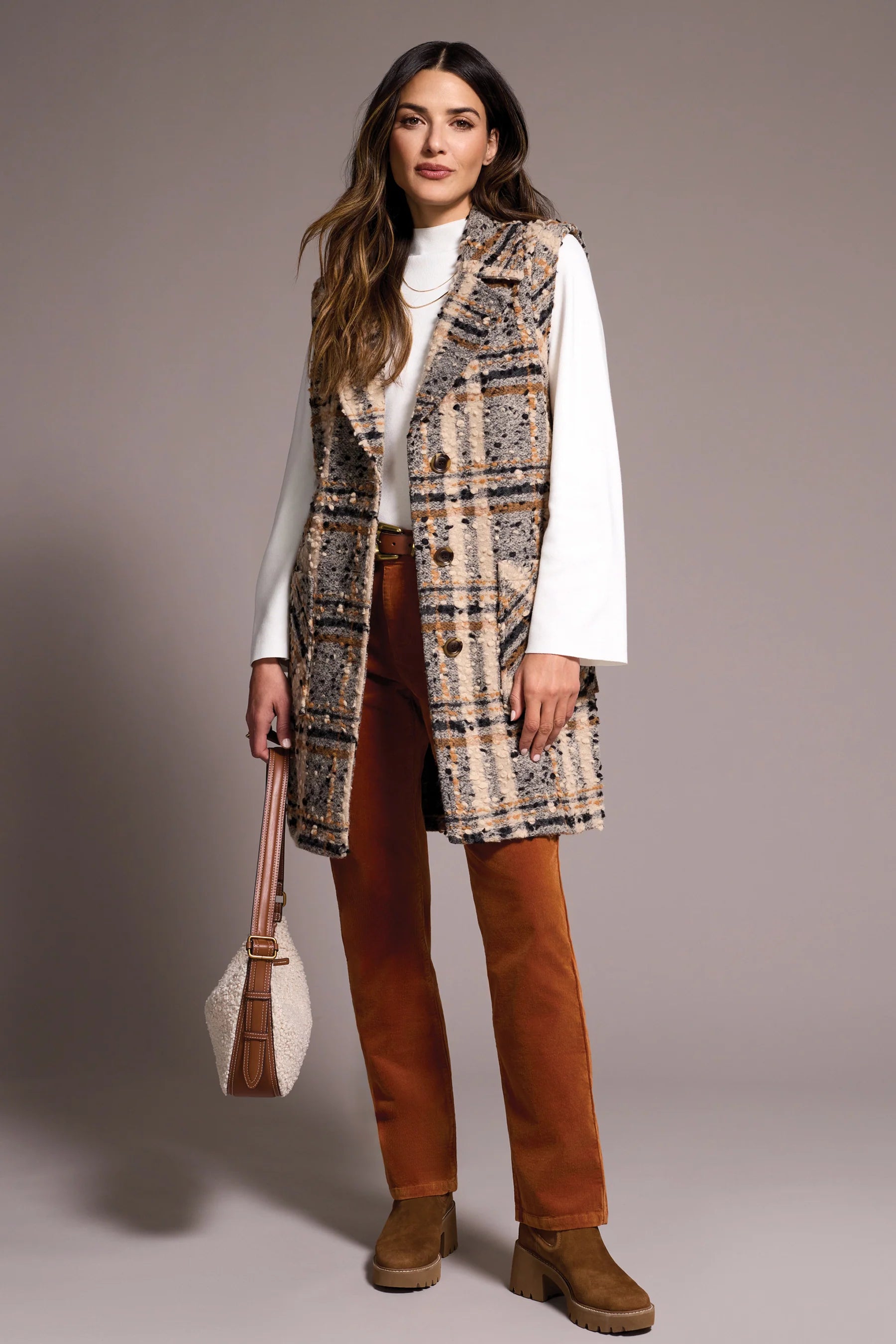 Textured Plaid Long Vest