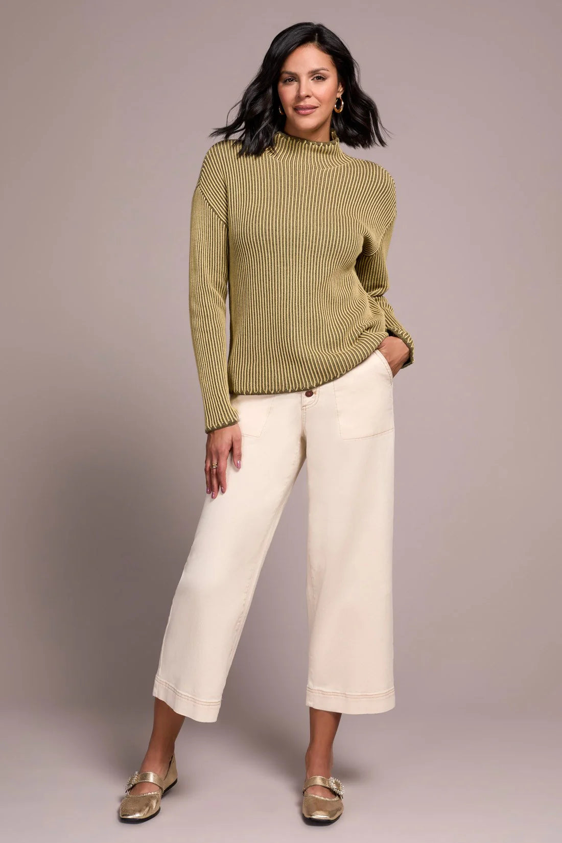 Two-Tone Rib Funnel-Neck Sweater