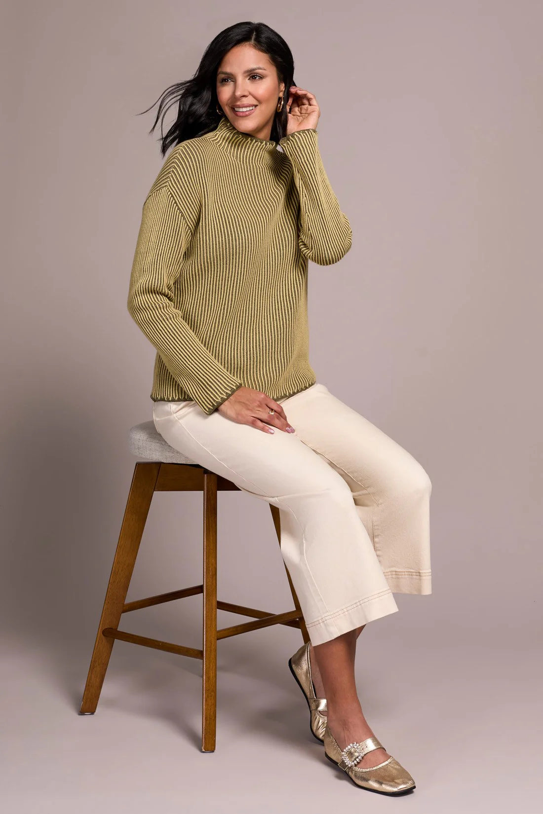Two-Tone Rib Funnel-Neck Sweater