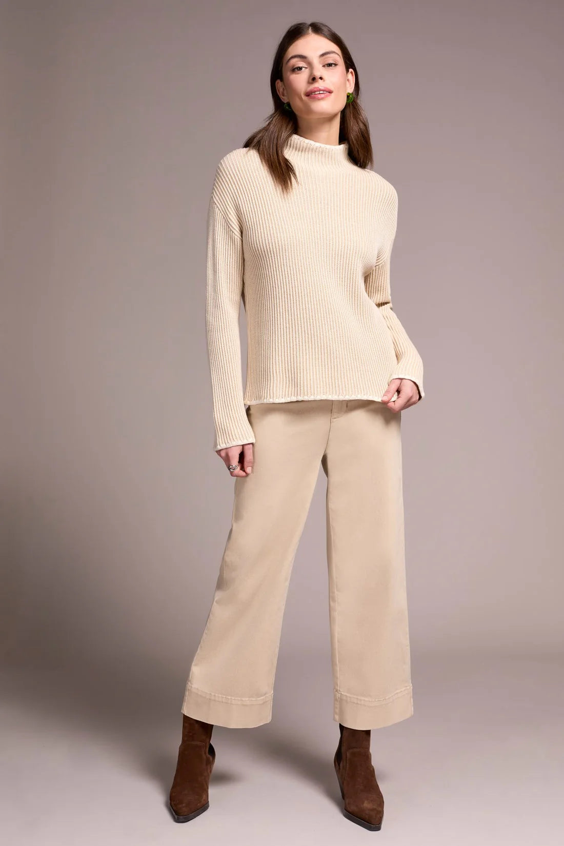 Two-Tone Rib Funnel Neck Sweater
