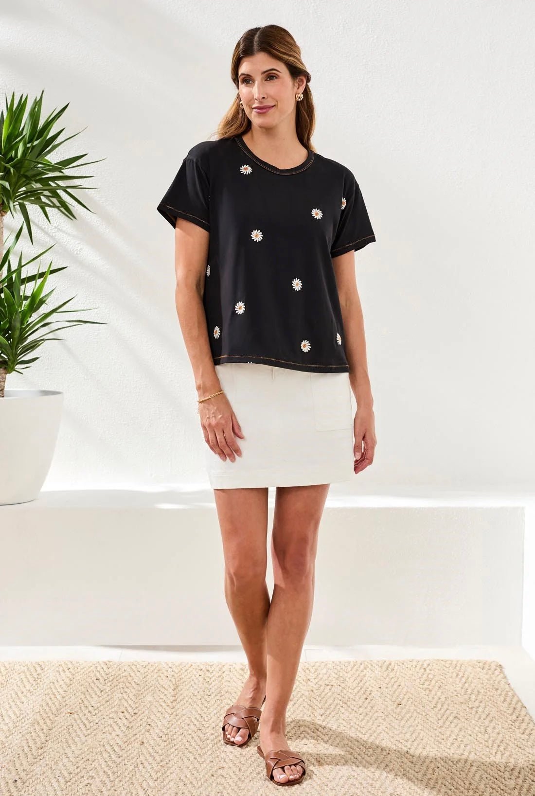 Tribal Embroidered Daisy Short Sleeve Top - OLIVIA'S
