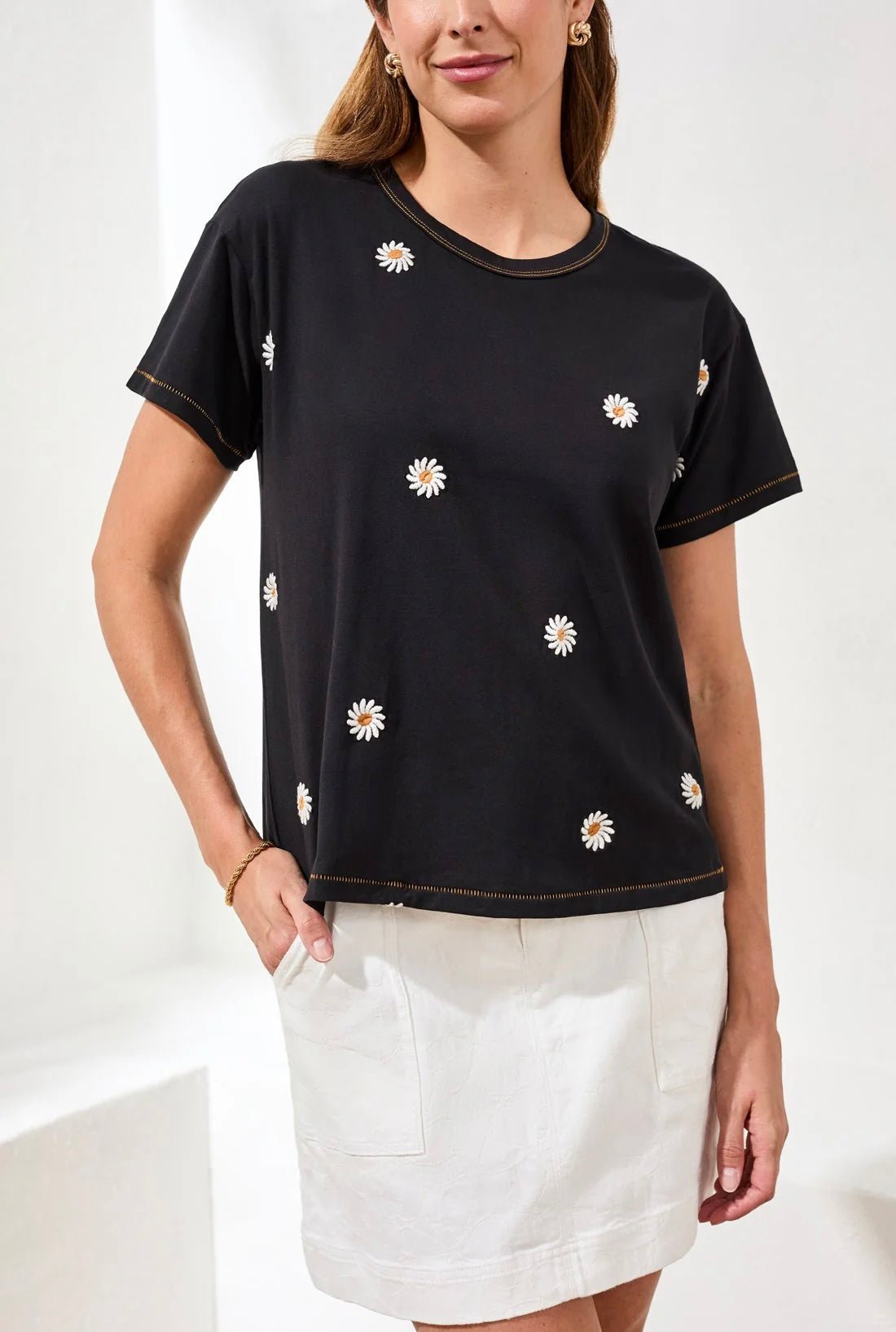 Tribal Embroidered Daisy Short Sleeve Top - OLIVIA'S