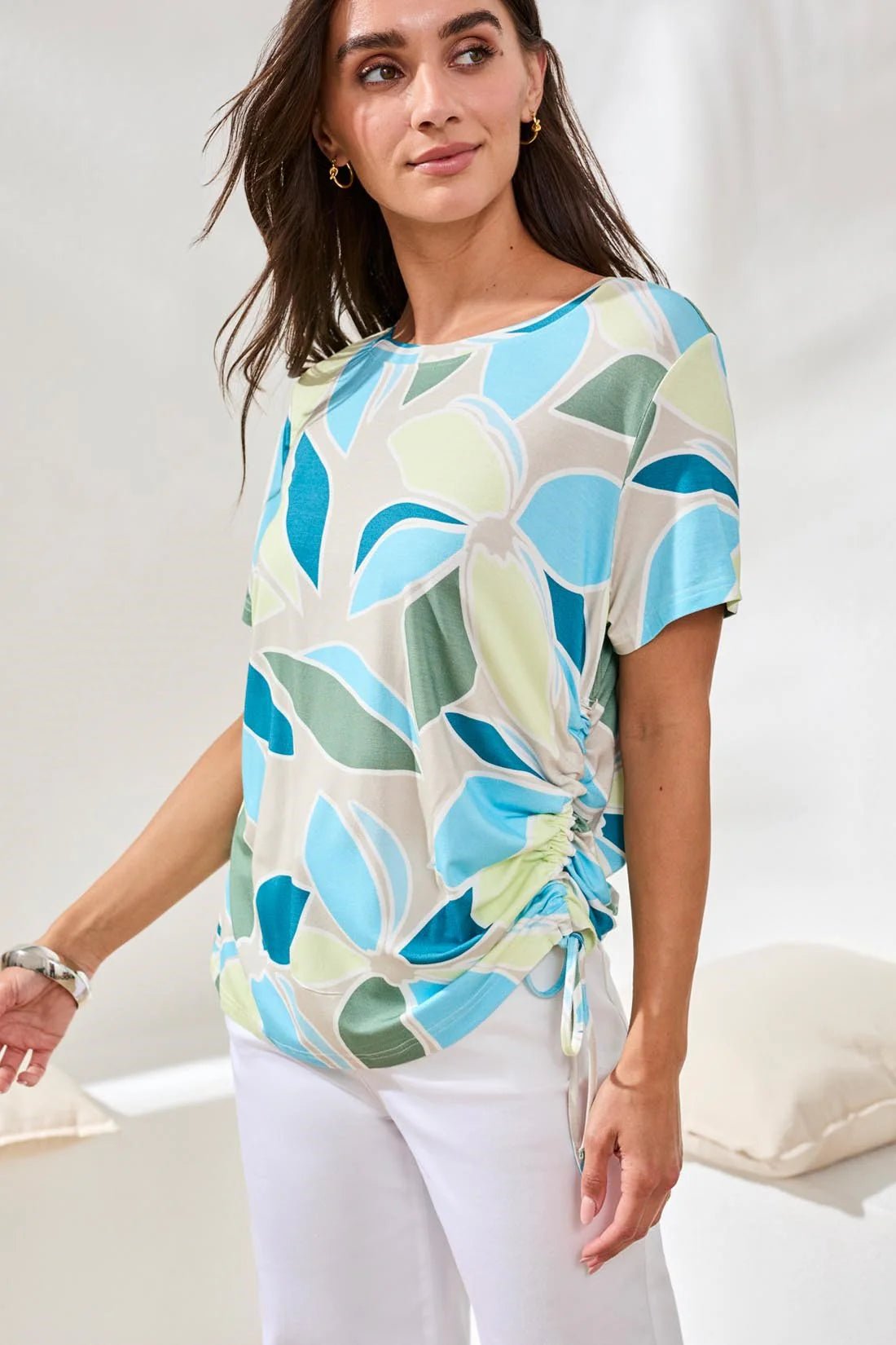 Tribal Jersey Crew Neck Top With Side Ruching - OLIVIA'S