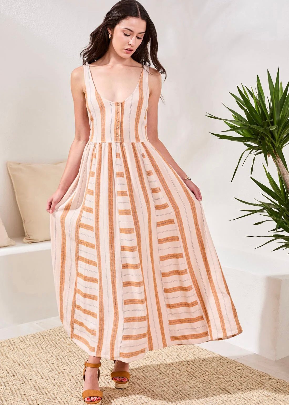 Tribal Linen Maxi Dress With Contrast Inserts - OLIVIA'S