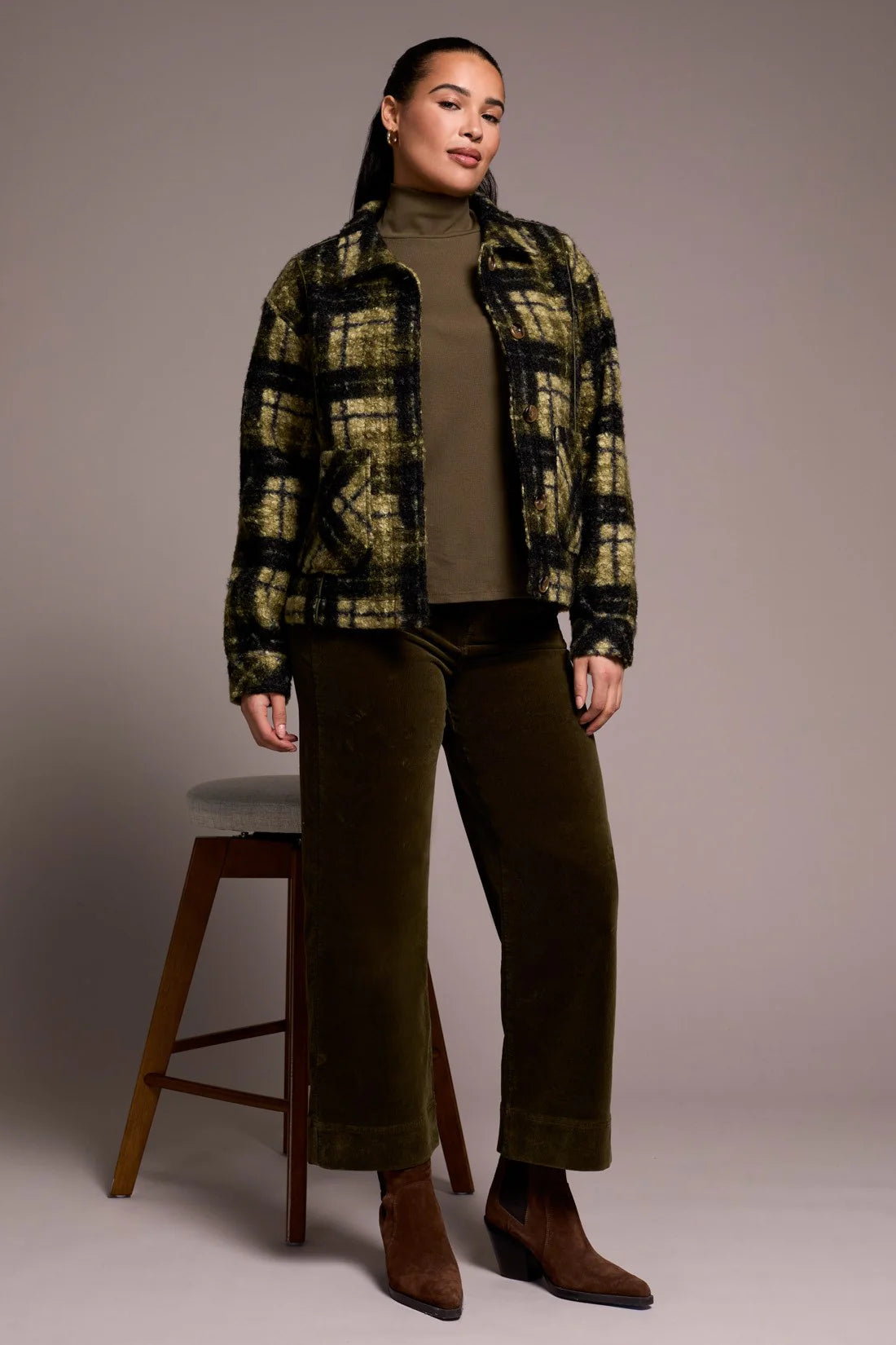 Textured Plaid Button-Front Jacket