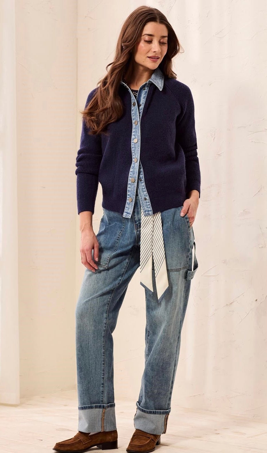Tribal Women's Mixed Media Sweater Jacket With Denim Trim Detail - OLIVIA'S