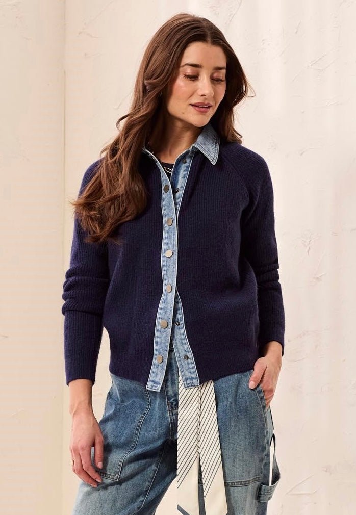 Tribal Women's Mixed Media Sweater Jacket With Denim Trim Detail - OLIVIA'S