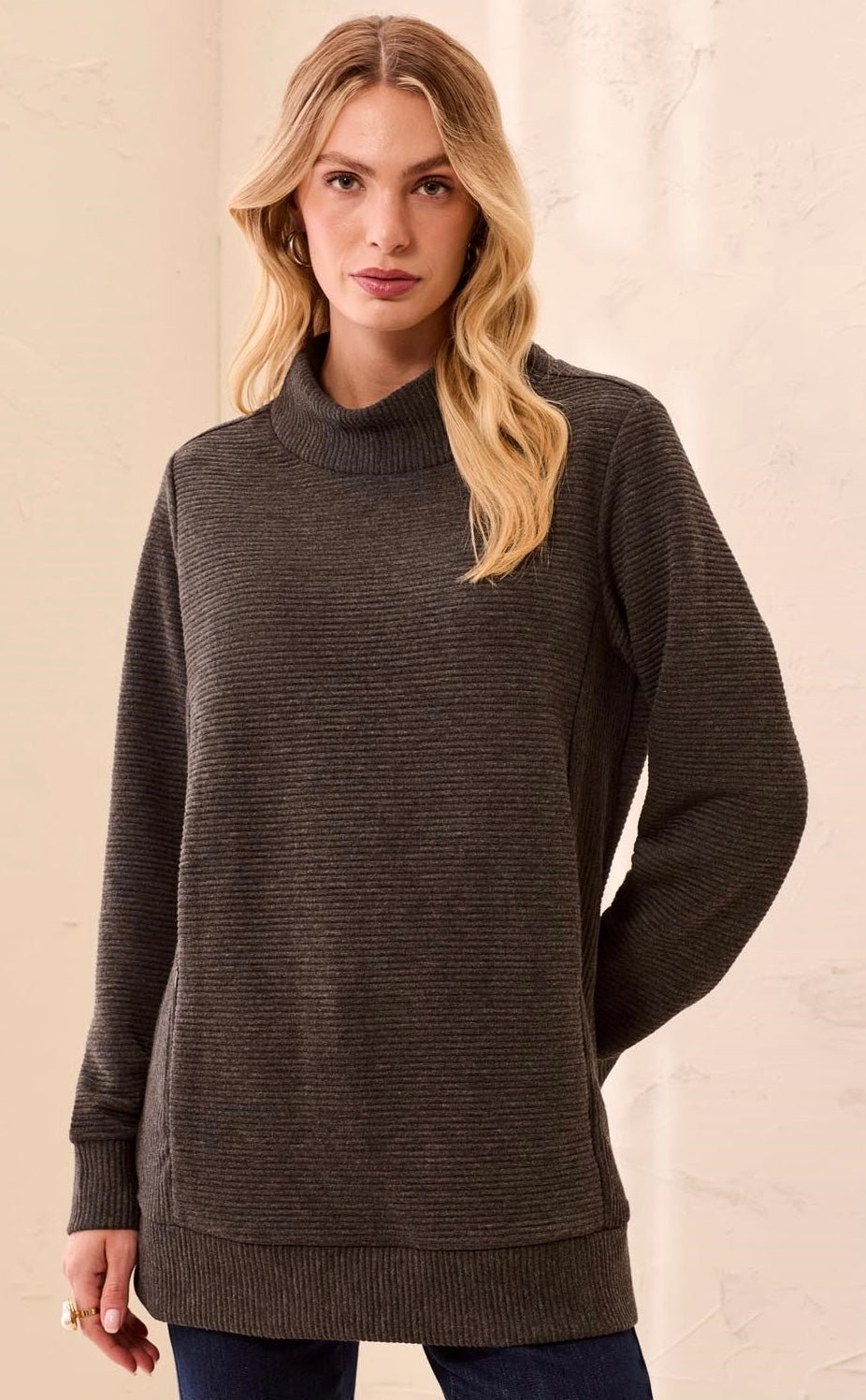 Tribal Women's Ottoman Rib Mock Neck Tunic Sweater - OLIVIA'S