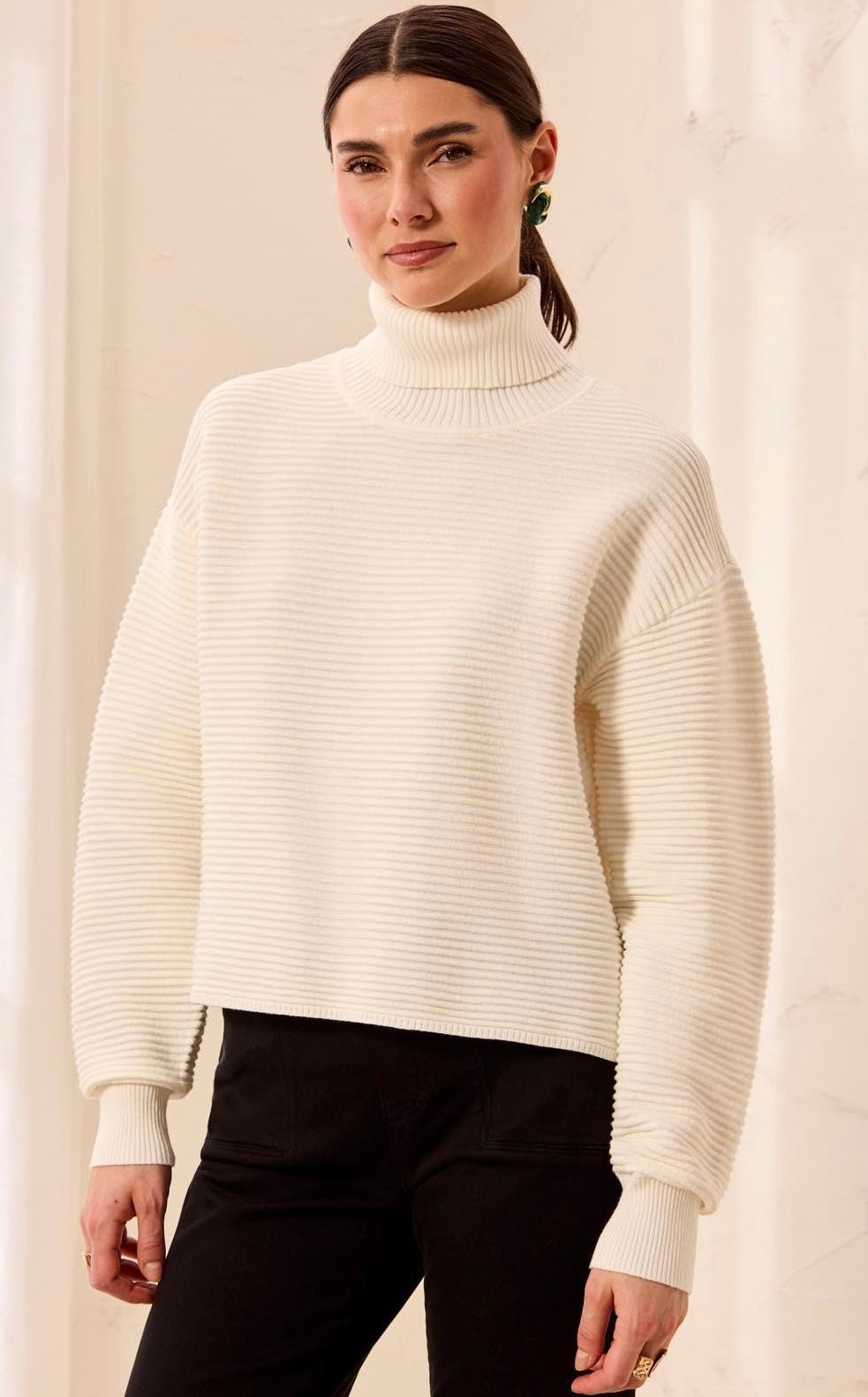 Tribal Women's Textured Rib Mock Neck Drop Shoulder High-Low Rise Sweater With Side Slits - OLIVIA'S